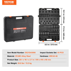 Bostome 43-piece impact socket set with 38 SAE sockets, 4 extensions, and a metal case.