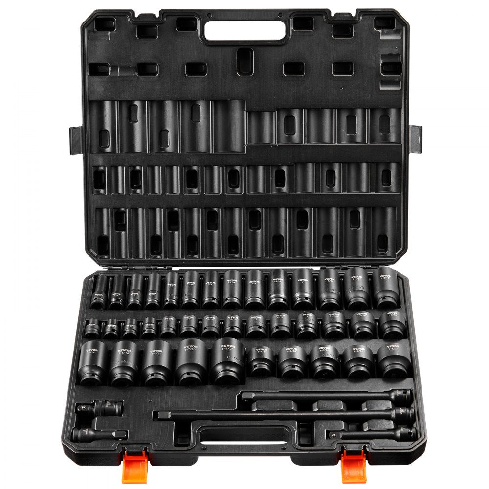 Bostome 43-piece impact socket set with 38 SAE sockets, 4 extensions, and a metal case.