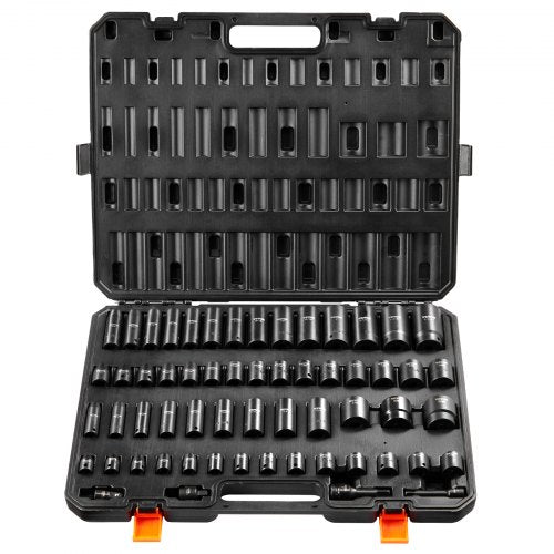 Bostome 59-piece 6-point impact socket set in black case with organized sockets and extensions