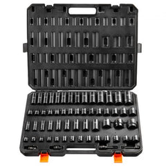 Bostome 59-piece 6-point impact socket set in black case with organized sockets and extensions