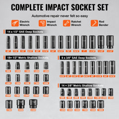 59-piece 6-point impact socket set with 3/8-inch and 1/2-inch drive Cr-Mo sockets in SAE and metric sizes, organized in a case.