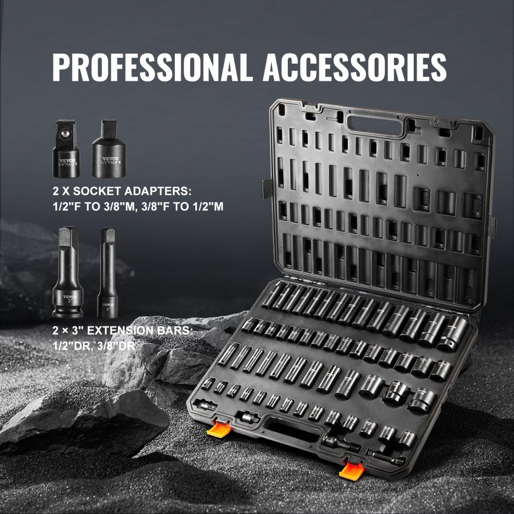 59-piece 6-point impact socket set in 3/8" and 1/2" drive with Cr-Mo construction and storage case.