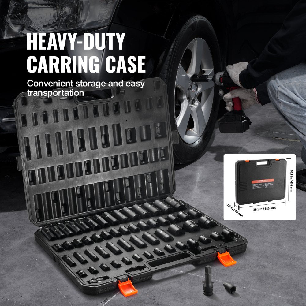 59-piece 6-point impact socket set in Cr-Mo with 3/8" and 1/2" drives, organized in a heavy-duty carrying case.