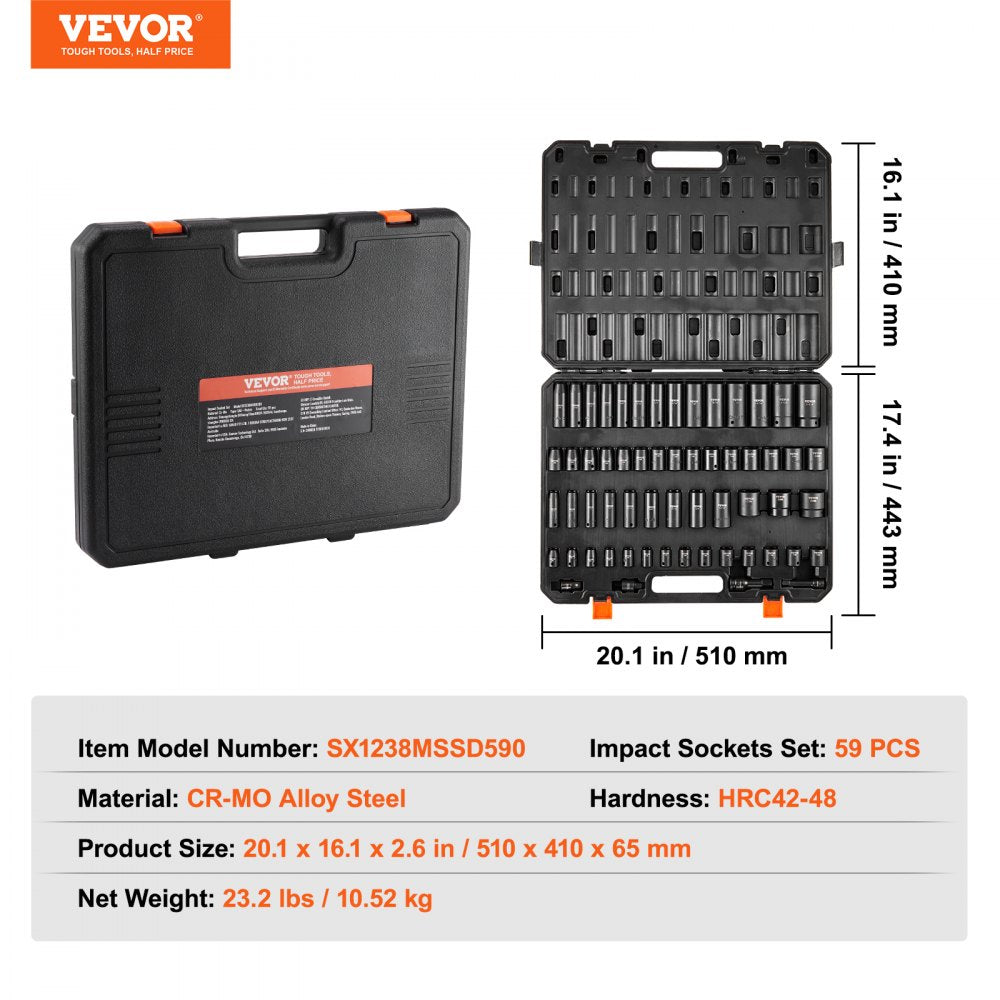 Black plastic case with 59-piece 6-point impact socket set and dimensions shown in inches and mm