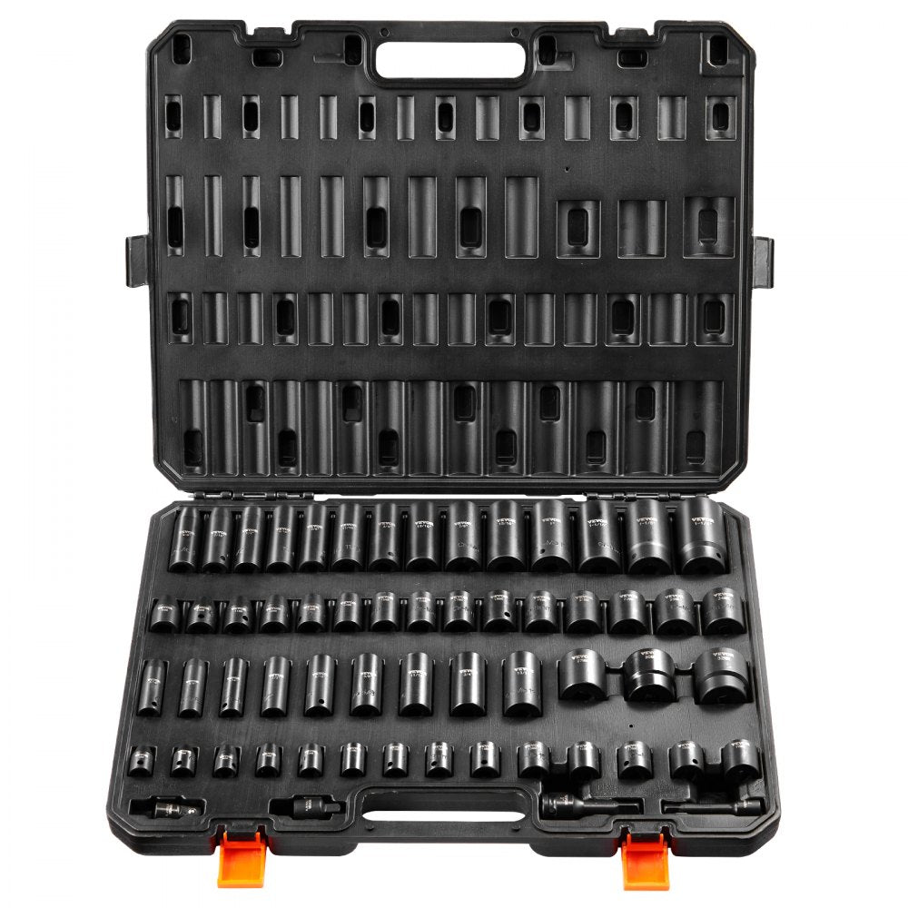 Bostome 59-piece 6-point impact socket set in black case with organized sockets and extensions