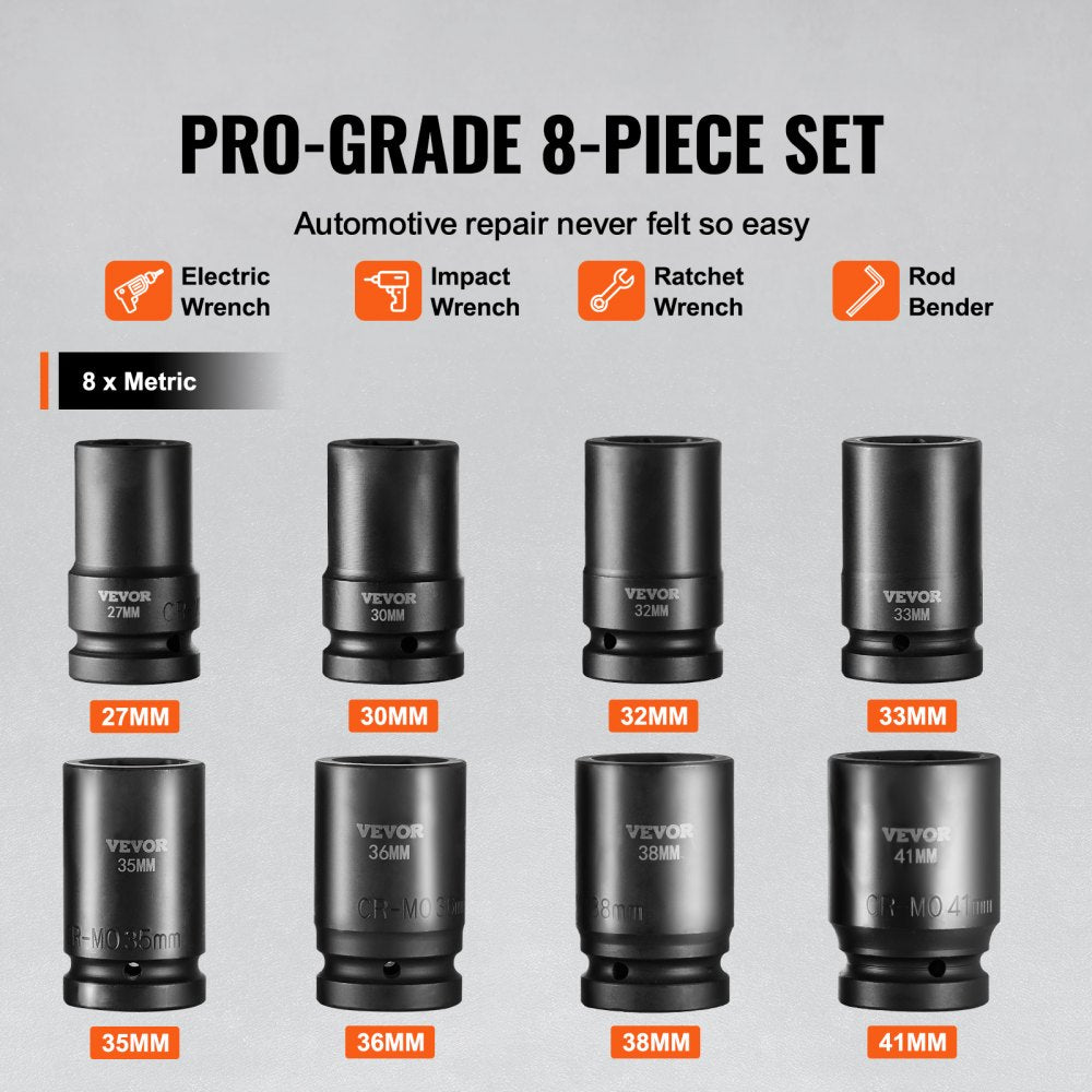 Bostome 1" drive impact socket set with 8 deep Cr-Mo 6-point sockets in a metal carrying case.