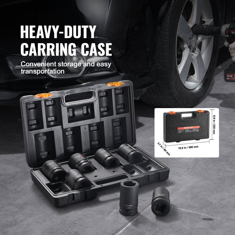 Bostome 1" drive impact socket set with eight deep Cr-Mo 6-point sockets in a metal case.