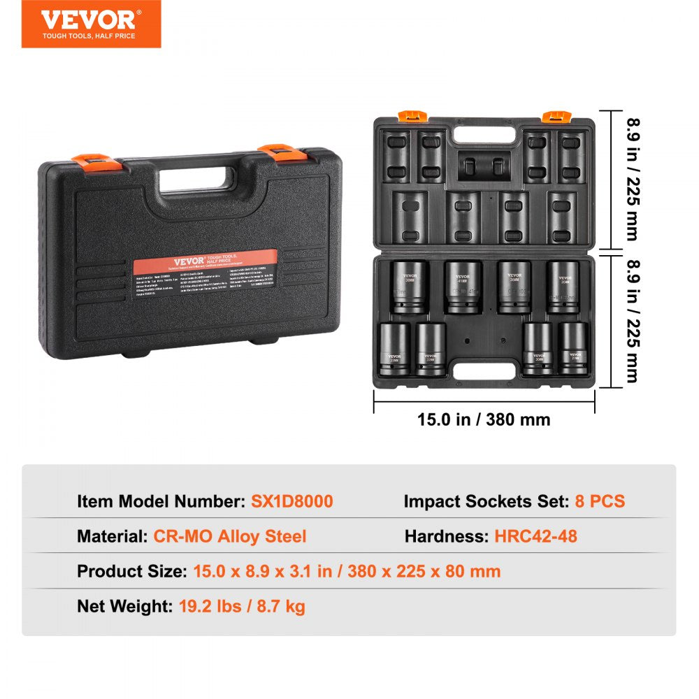 Bostome 1" drive impact socket set with 8 deep Cr-Mo 6-point sockets in a metal carrying case.