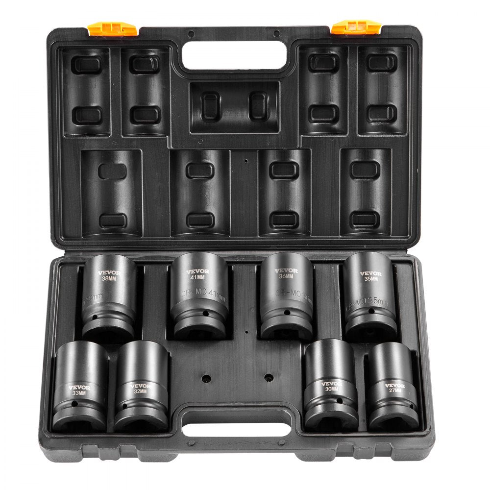 Bostome 1" drive impact socket set with eight deep Cr-Mo 6-point sockets in a metal case.