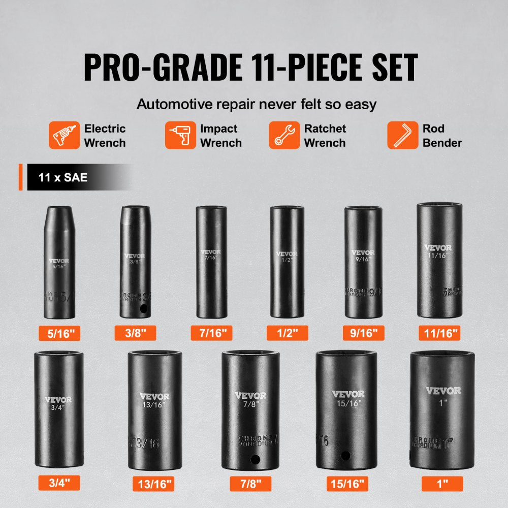 11-piece Bostome 3/8" drive impact socket set in a metal toolbox with laser-etched size markings.