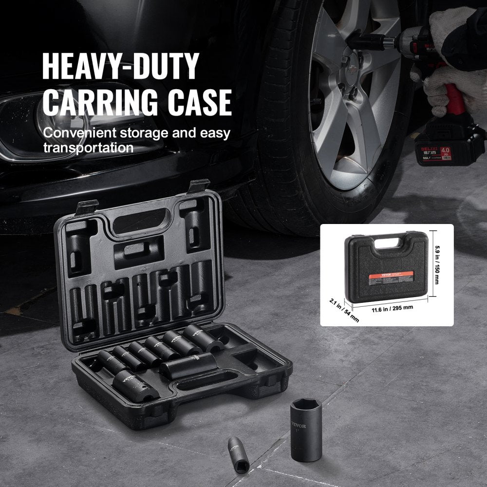 Bostome 11-piece 3/8" drive impact socket set with hexagonal 6-point design and metal toolbox.