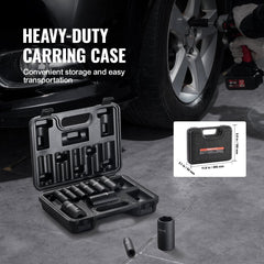 Bostome 11-piece 3/8" drive impact socket set with hexagonal 6-point design and metal toolbox.