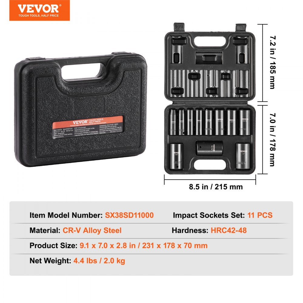 11-piece Bostome 3/8" drive impact socket set with metal toolbox and laser-etched size markings.