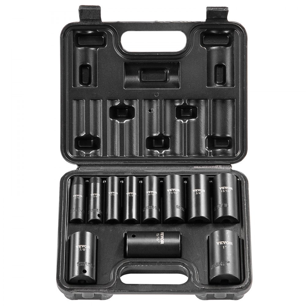 Bostome 11-piece 3/8" drive impact socket set with hexagonal 6-point design and metal toolbox.