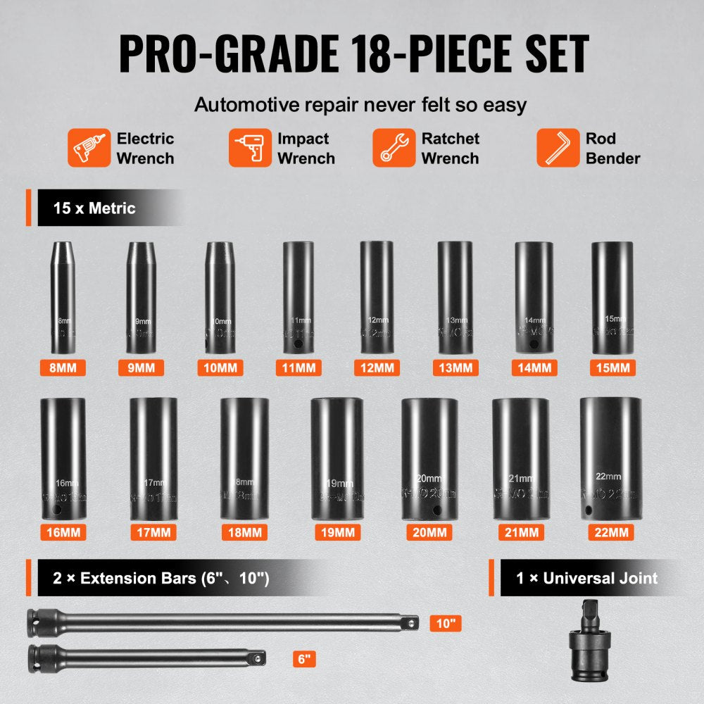 18-piece 3/8" drive 6-point impact socket set with metric sockets, extensions, universal joint, and case.