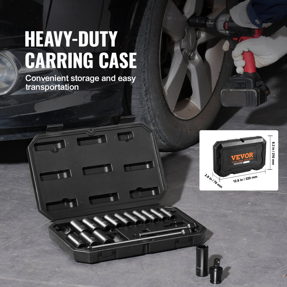 18-piece 3/8-inch drive 6-point impact socket set in an open black carrying case.