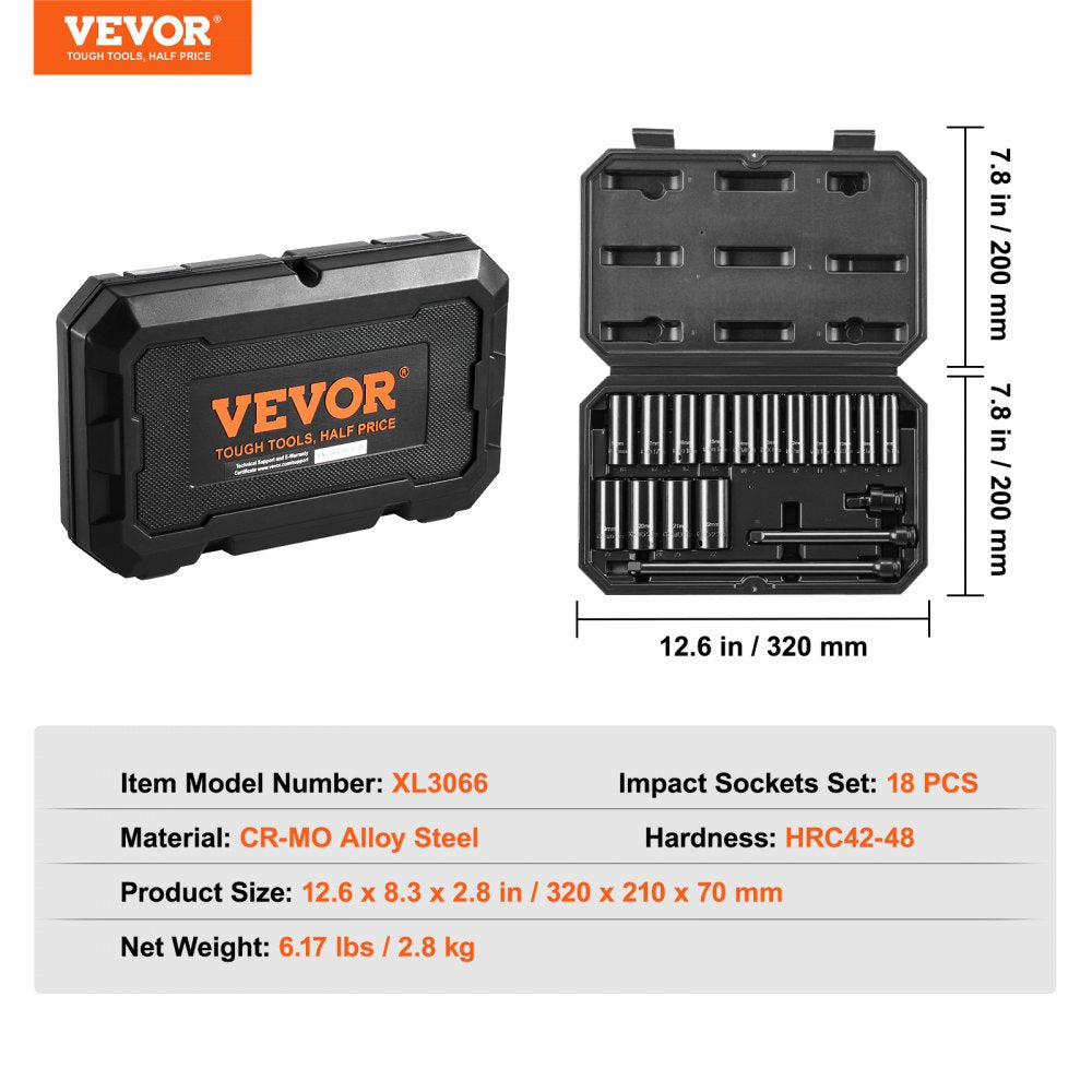 18-piece 3/8-inch drive 6-point impact socket set in a black case with foam inserts.