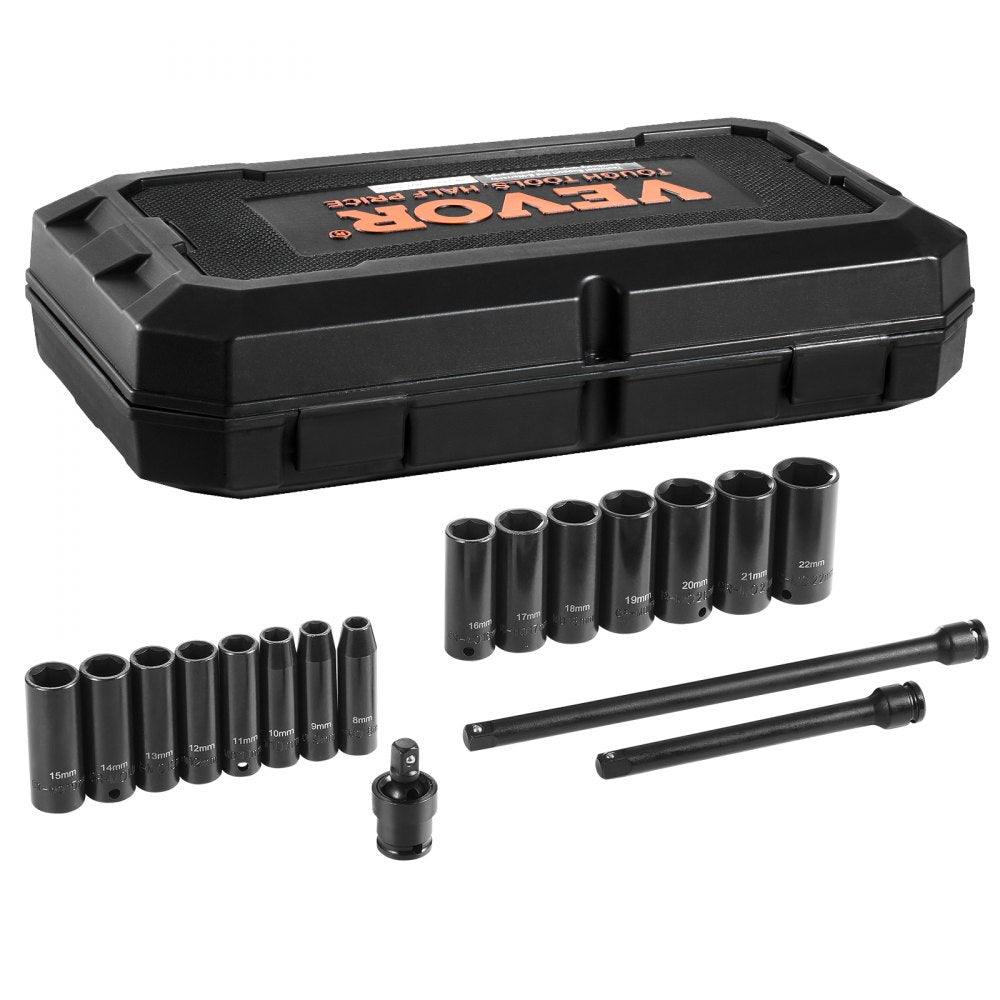 Bostome 18-piece 3/8-inch drive 6-point impact socket set in black case with sockets and extensions.