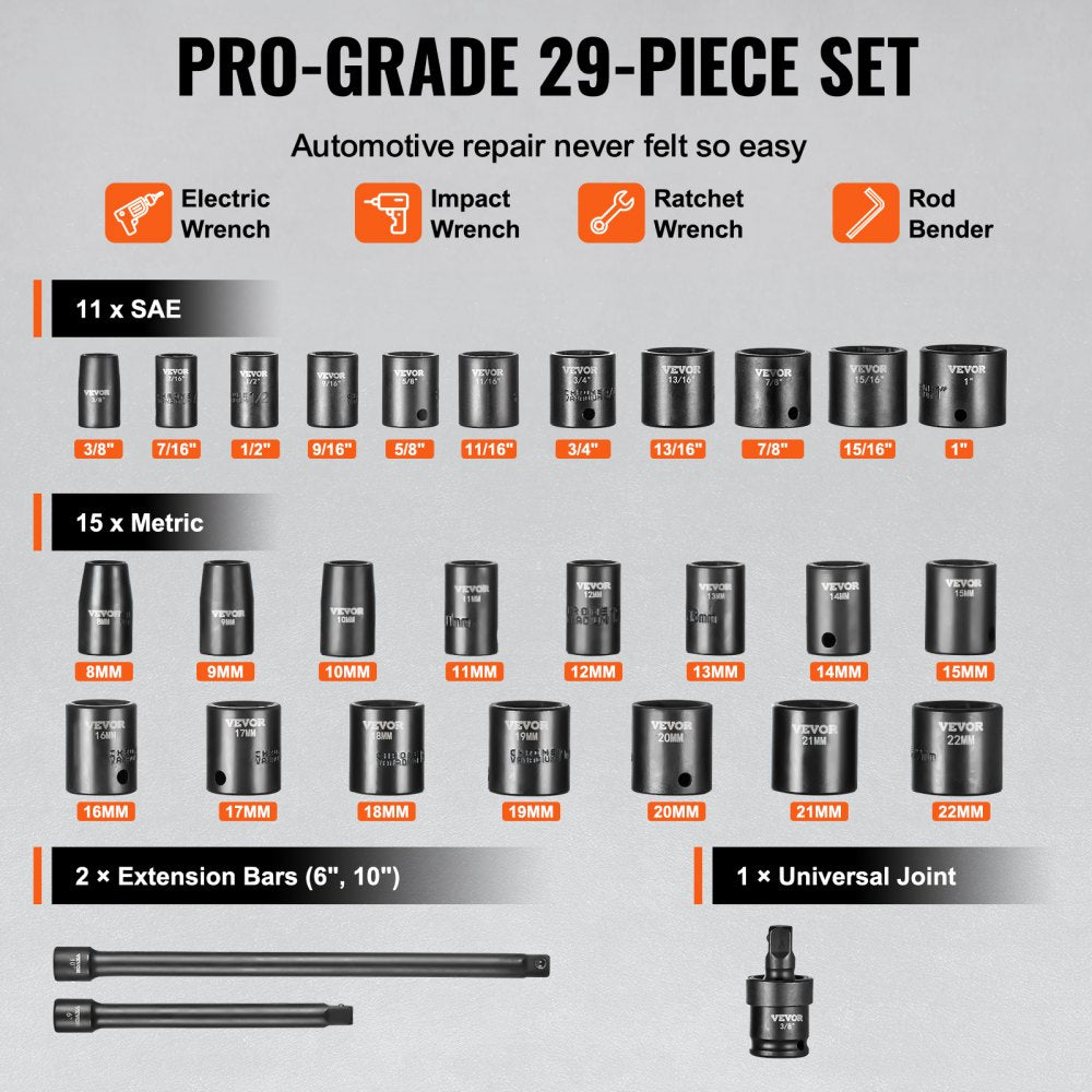29-piece impact socket set with CR-V steel, 6-point design, and storage case for organization.