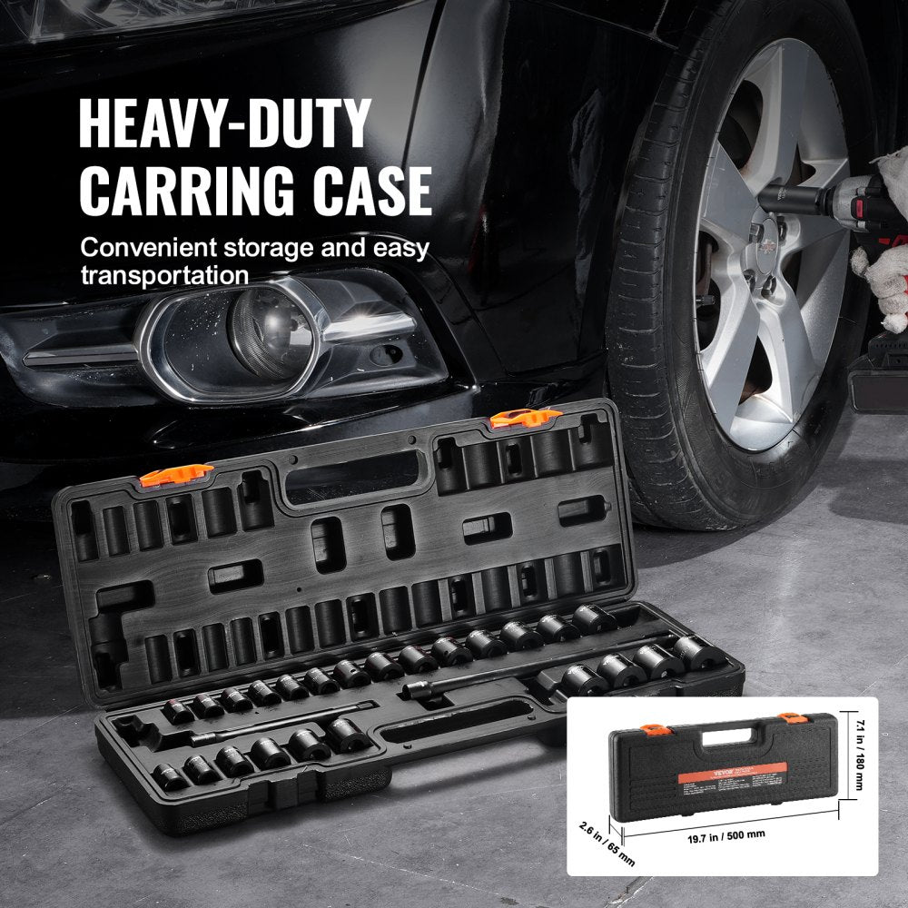 29-piece impact socket set with CR-V steel, includes various sizes and a storage case.