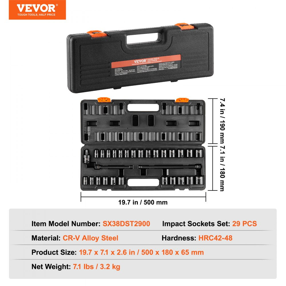 29-piece impact socket set with CR-V steel, 6-point design, and storage case.
