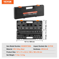 29-piece impact socket set with CR-V steel, 6-point design, and storage case.