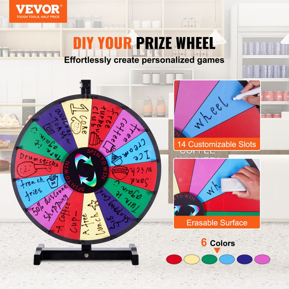18 inch Spinning Prize Wheel, 14 Slots Tabletop Spinner, Heavy Duty Roulette Wheel with a Dry Erase and 2 Markers, Win Fortune Spin Games in Party Pub Trade Show Carnival