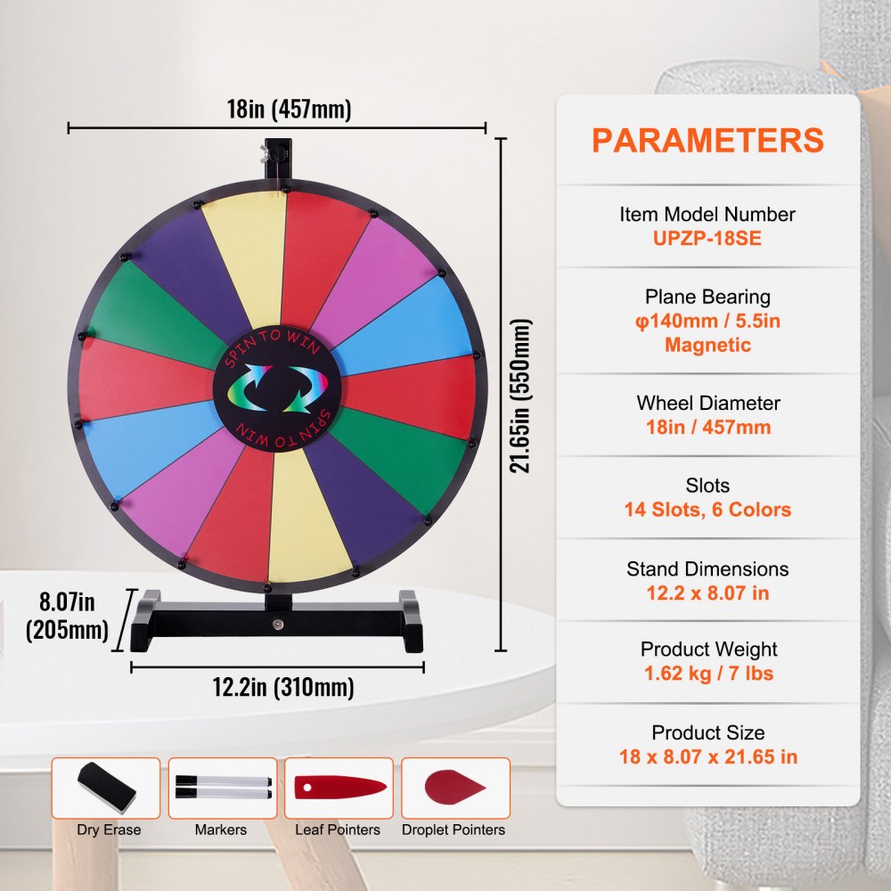 18 inch Spinning Prize Wheel, 14 Slots Tabletop Spinner, Heavy Duty Roulette Wheel with a Dry Erase and 2 Markers, Win Fortune Spin Games in Party Pub Trade Show Carnival