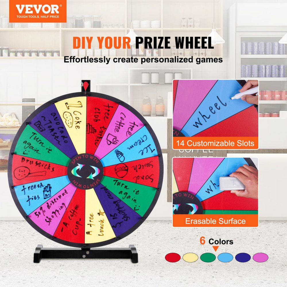 24 inch Spinning Prize Wheel, 14 Slots Tabletop Spinner, Heavy Duty Roulette Wheel with a Dry Erase and 2 Markers, Win Fortune Spin Games in Party Pub Trade Show Carnival