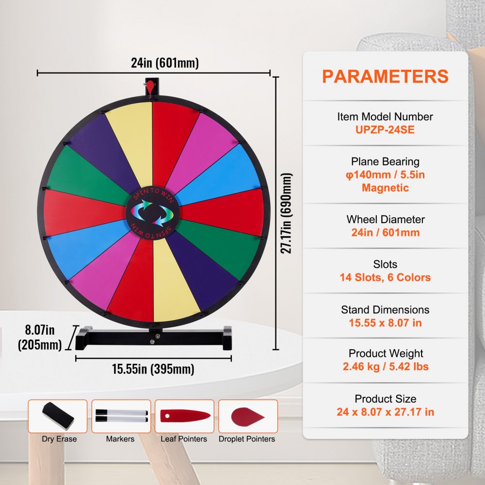 24 inch Spinning Prize Wheel, 14 Slots Tabletop Spinner, Heavy Duty Roulette Wheel with a Dry Erase and 2 Markers, Win Fortune Spin Games in Party Pub Trade Show Carnival