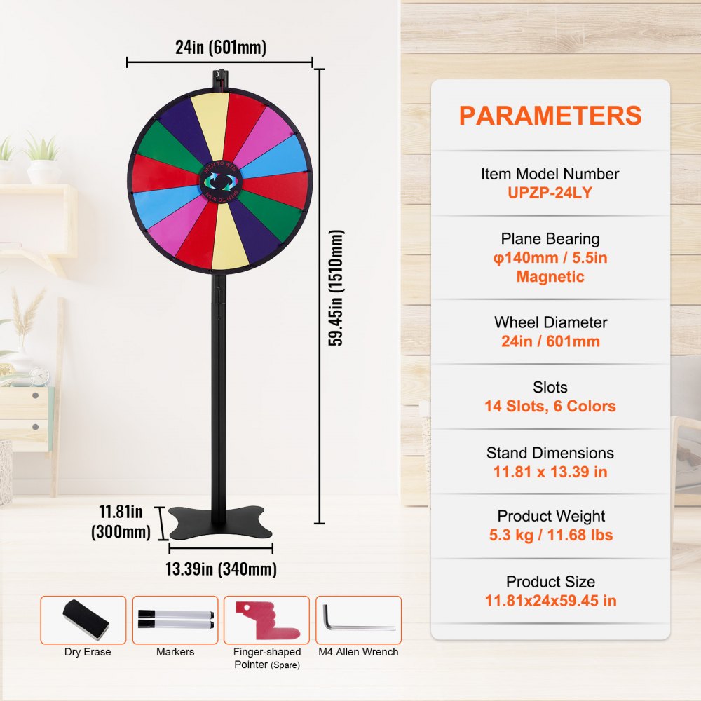 24 inch Spinning Prize Wheel, 14 Slots Spinning Wheel, Roulette Wheel with a Dry Erase and 2 Markers, Tabletop or Floor Standing Win Fortune Spin Games in Party Pub Trade Show Carnival