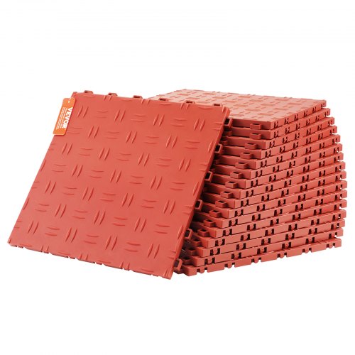 Red interlocking garage floor tiles, 12x12 inches, featuring a textured, non-slip surface.