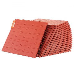 Red interlocking garage floor tiles, 12x12 inches, featuring a textured, non-slip surface.