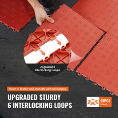 Red interlocking garage floor tiles, 12x12 inches, in a 25-pack with a textured surface.