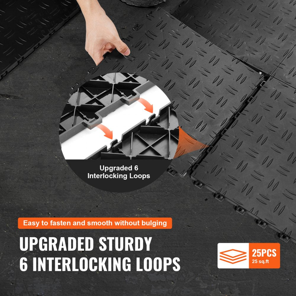 Black 12x12x0.53in interlocking garage floor tiles with 6-loop edges, 25-pack shown assembled.