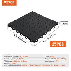 Pack of 25 black interlocking garage floor tiles, each 12x12x0.53 inches.