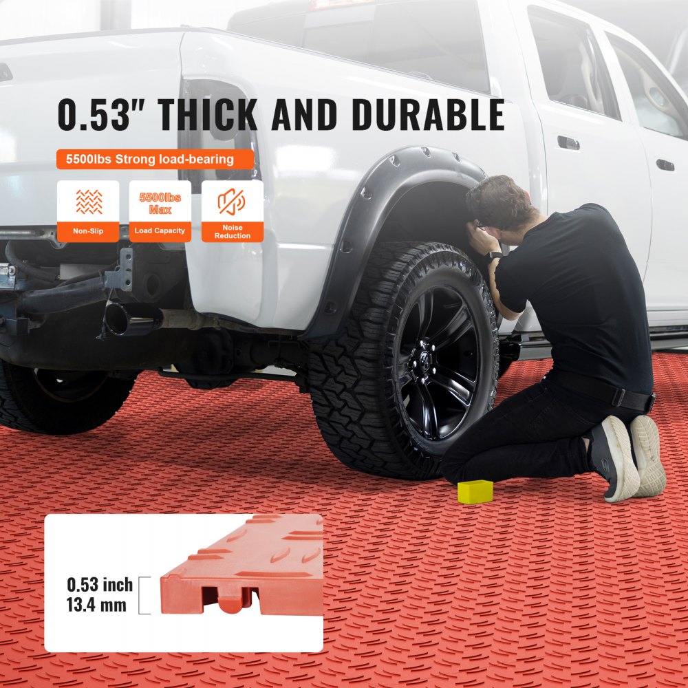 Red interlocking garage floor tiles, 12x12 inches, in a 50-pack for easy installation.