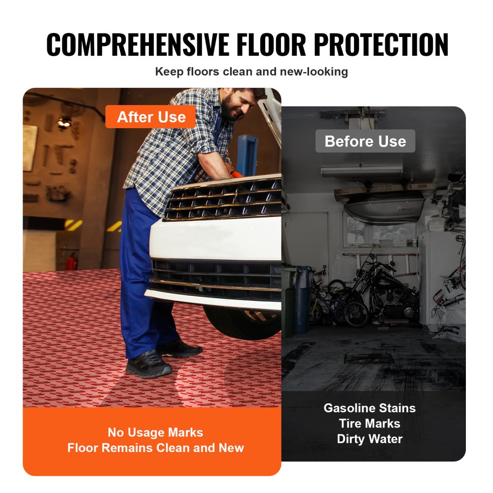 Red interlocking garage floor tiles, 12x12 inches, in a 50-pack, with a smooth surface.