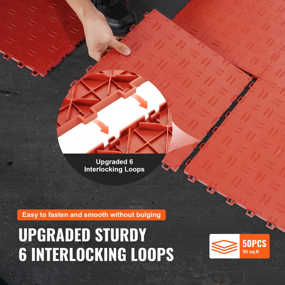Red interlocking garage floor tiles, 12x12 inches, in a 50-pack for easy installation.