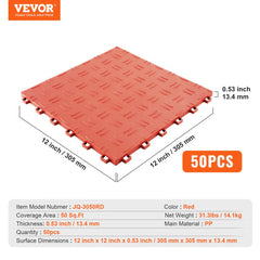 Red interlocking garage floor tiles, 12x12 inches, in a 50-pack for easy installation.