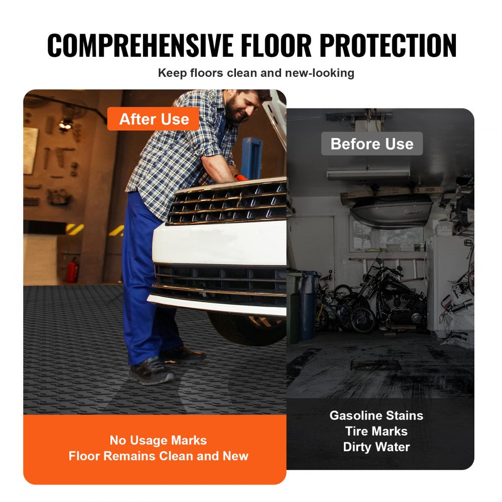 Black interlocking garage floor tiles measuring 12x12 inches, sold in a 50-pack.
