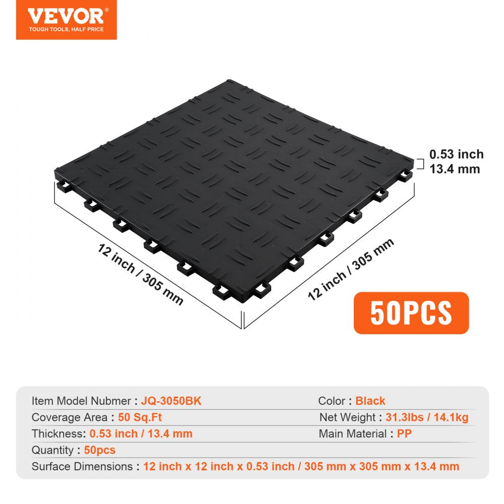 Black interlocking garage floor tiles, 12x12 inches, in a 50-pack for durable coverage.