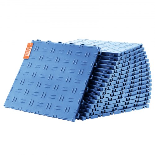Stack of 50 blue interlocking garage floor tiles, each 12x12 inches with diamond texture.
