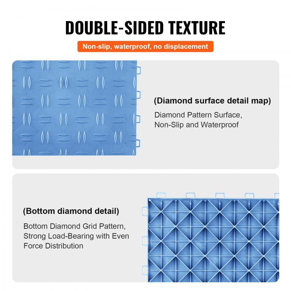 Blue interlocking garage floor tiles with double-sided diamond texture for non-slip, waterproof surface.