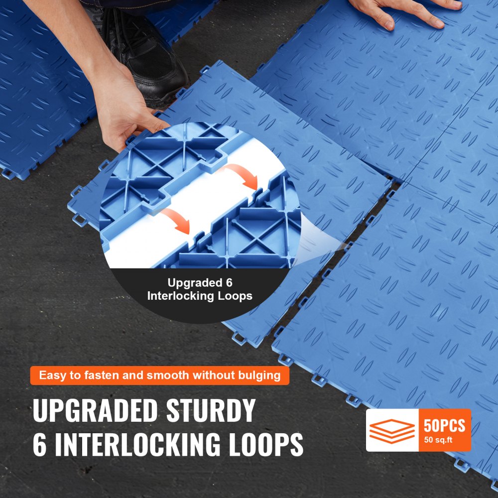 Blue interlocking garage floor tiles with six-loop system, shown connecting in a 50-pack.