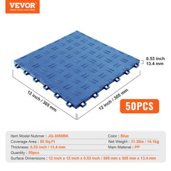 Blue interlocking garage floor tiles, 12x12x0.53 inches, 50-pack covering 50 sq ft.