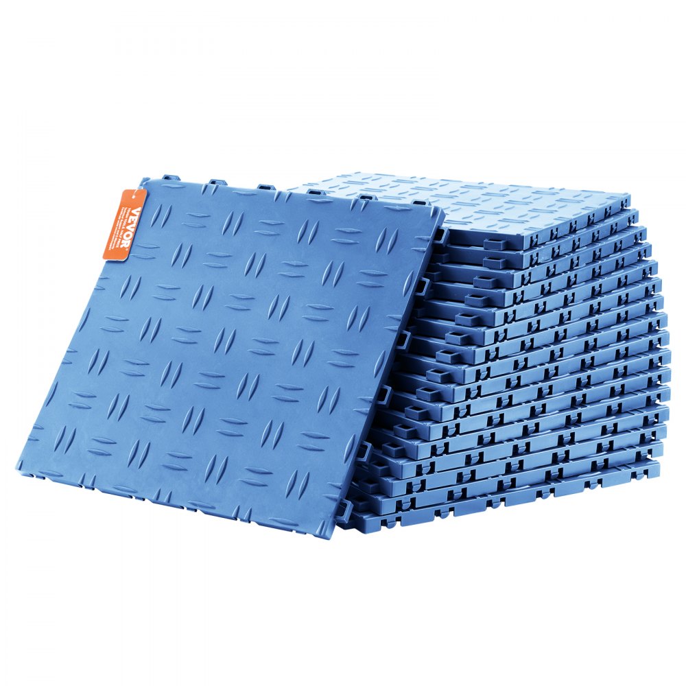 Stack of 50 blue interlocking garage floor tiles, each 12x12 inches with diamond texture.
