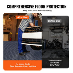 Before-and-after image showing Bostome graphite gray interlocking garage floor tiles protecting a clean floor from tire marks, gasoline stains, and dirty water.