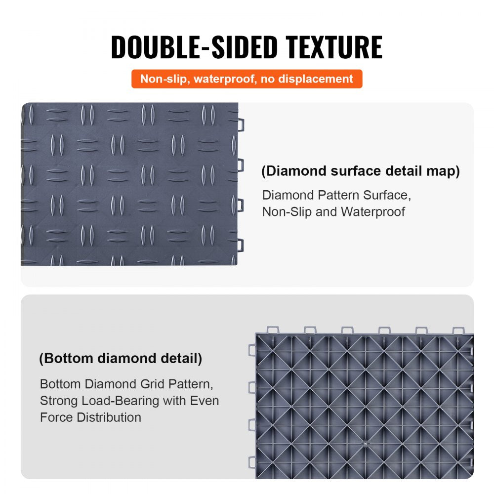 Double-sided graphite gray interlocking garage floor tile with diamond-patterned non-slip surface.
