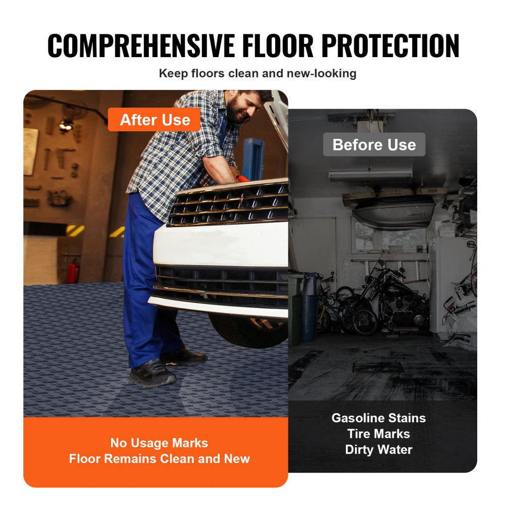 Before-and-after image showing Bostome graphite gray garage floor tiles protecting a clean garage from tire marks, gasoline stains, and dirty water.
